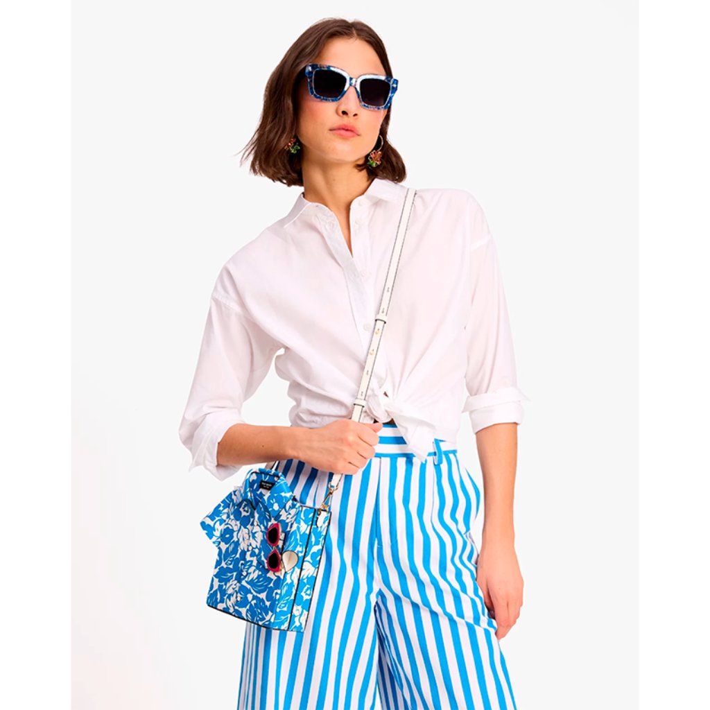 S Kate Spade Playa Printed 3d Shirt Blue Leather Crossbody Kh036 Nwt $458 Retail